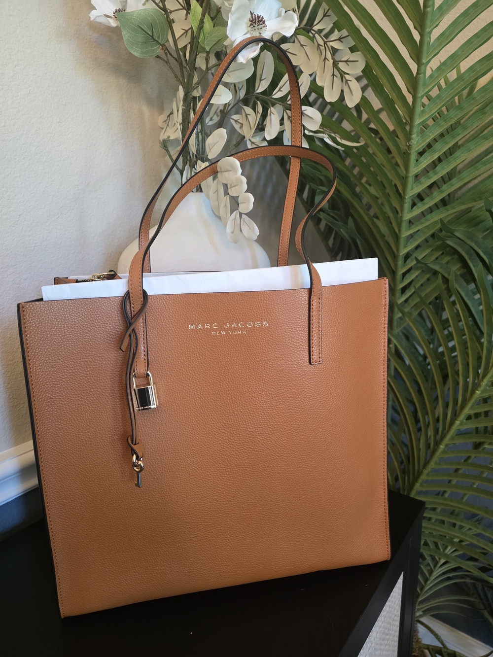 Marc Jacobs Cognac Pebbled Leather Tote with Lock Charm